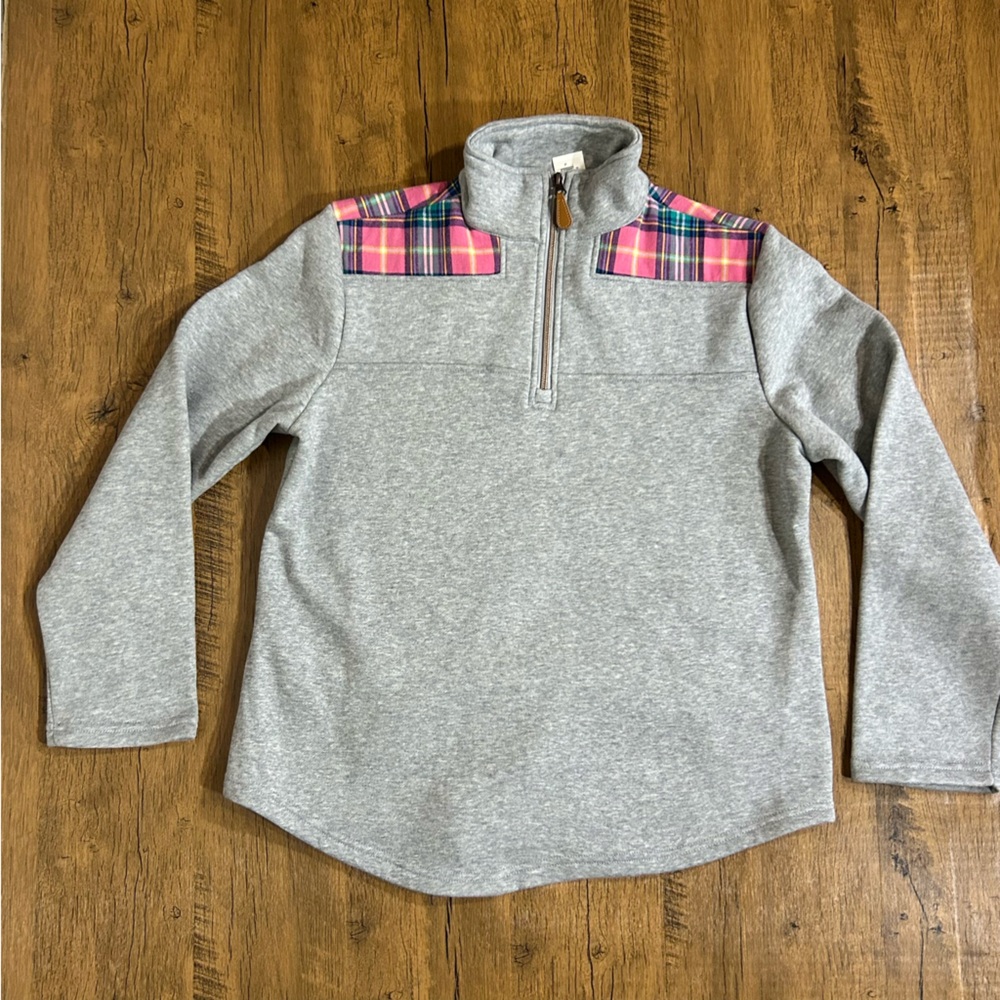 Top It Off Women's Gray Pullover with Pink Plaid Accents